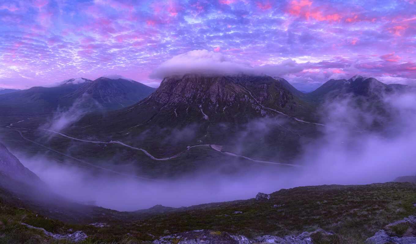 nature, sky, tree, purple, mountain, cloud, pink, peak, Scotland, scotia, tydo