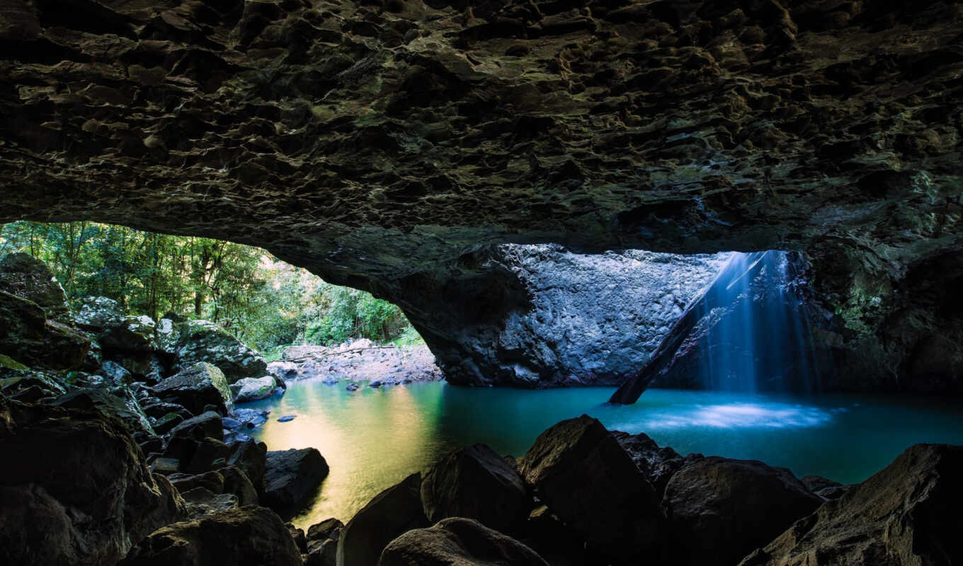 landscape, пруд, водопад, пещера