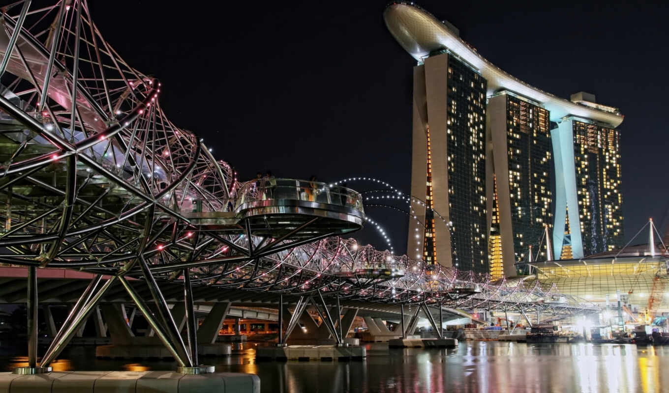 картинка, ночь, вечер, города, побережье, singapore