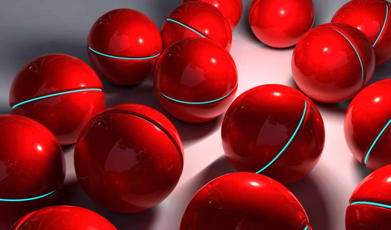 красные, rendering, мяч, сфера, шары