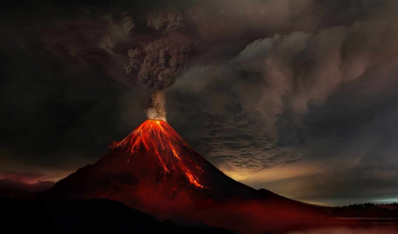 природа, небо, хороший, дым, гора, огонь, спать, вулкан, извержение, лава, арт
