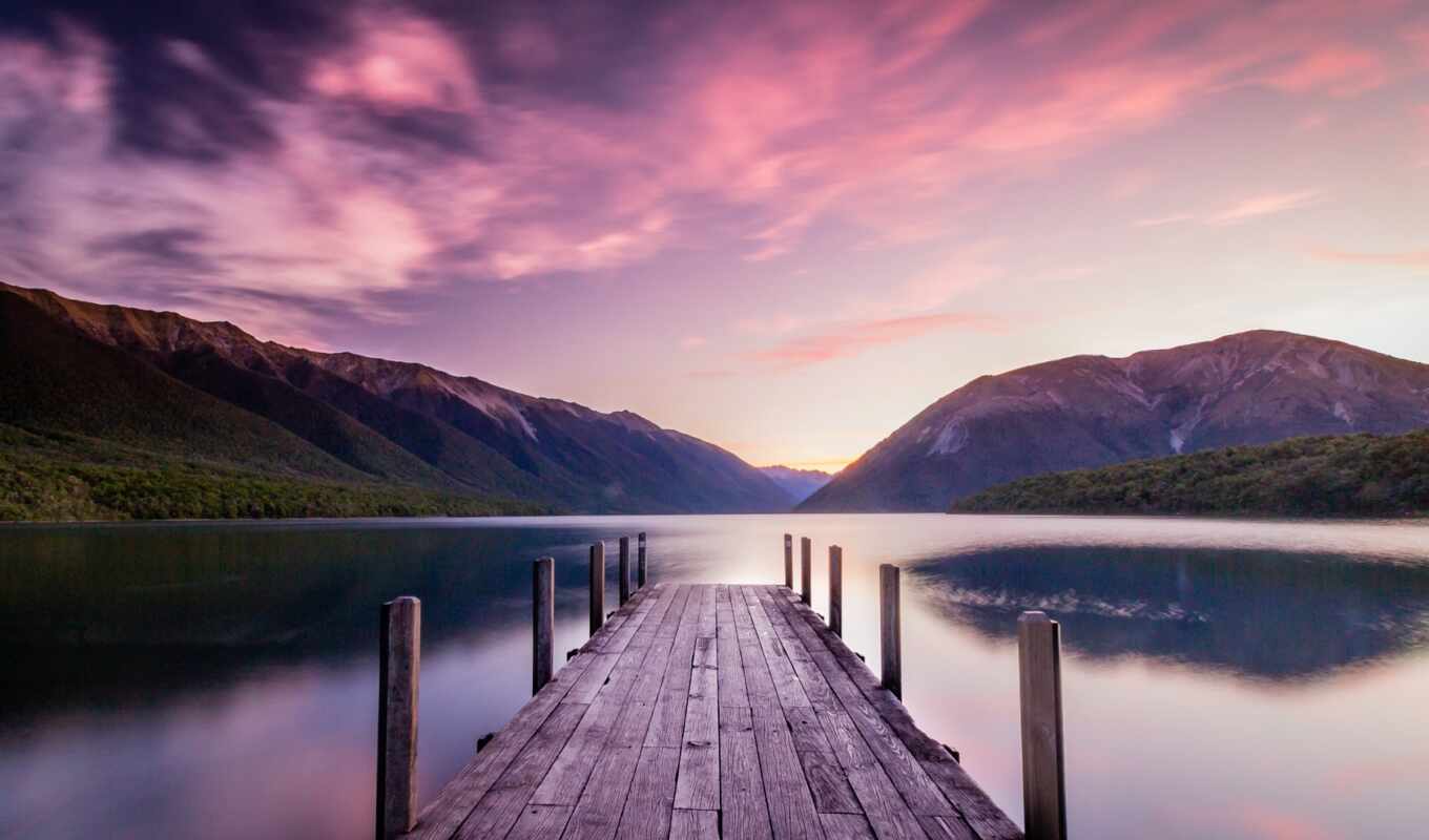 lake, nature, background, mountain, pier, stick
