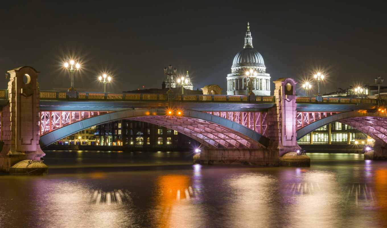 paul, ночь, мост, огни, london, река, cathedral, thames