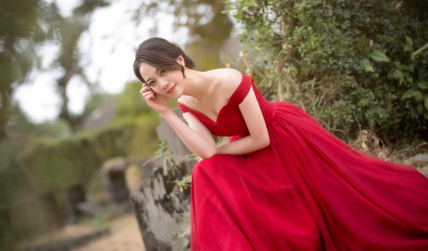 girl, red, asian, dress