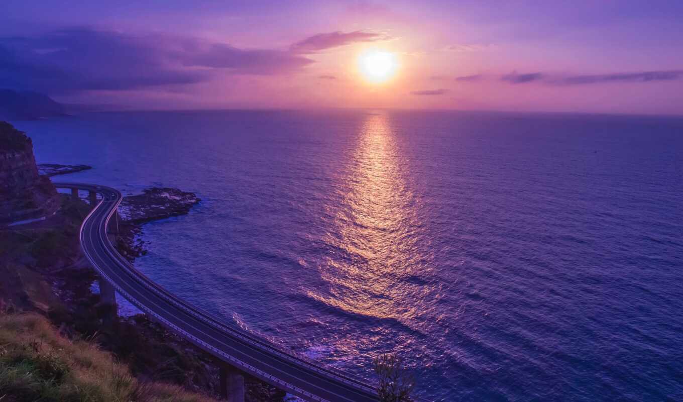 purple, закат, море, качественные