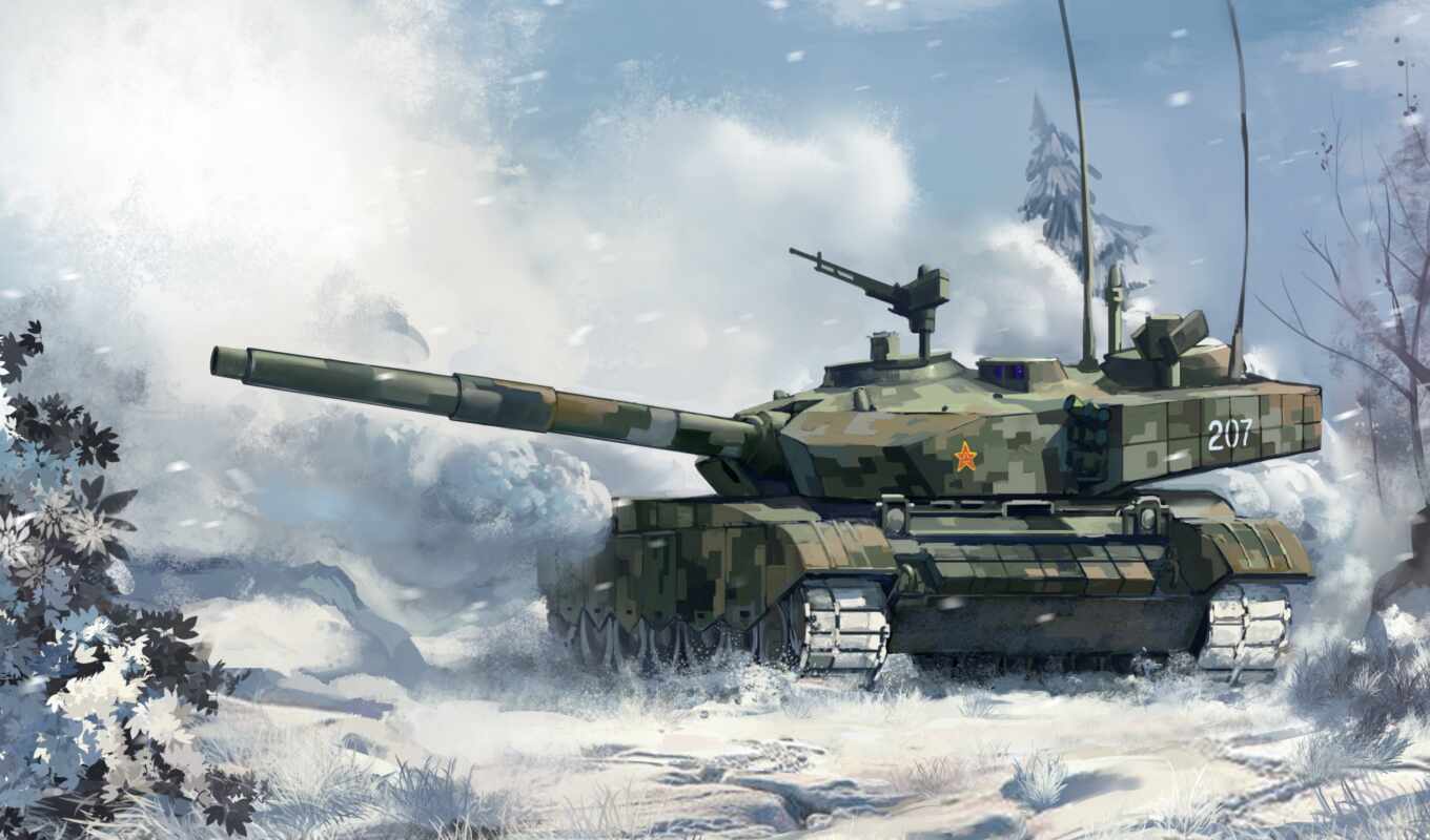 a computer, snow, forest, weapon, tanks