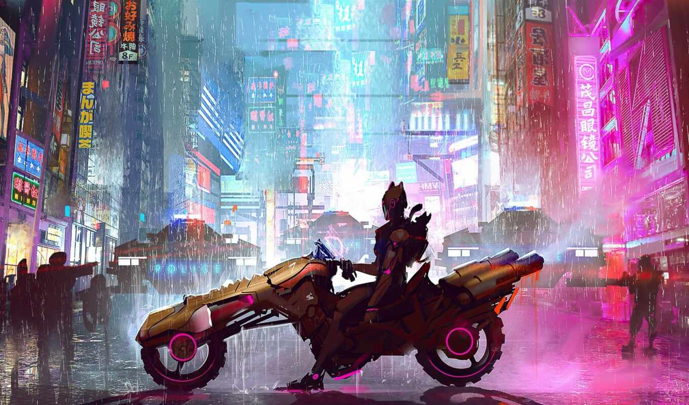art, девушка, мотоцикл, cyberpunk, futuristic