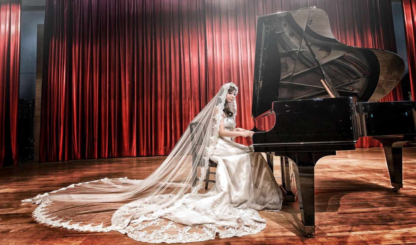 music, girl, white, asian, asian, dress, bride, piano