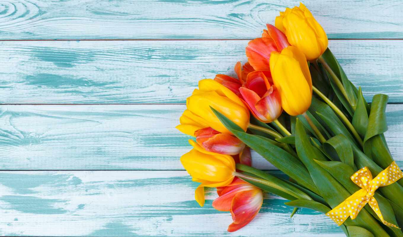 flowers, red, yellow, bouquet, tulip, wood