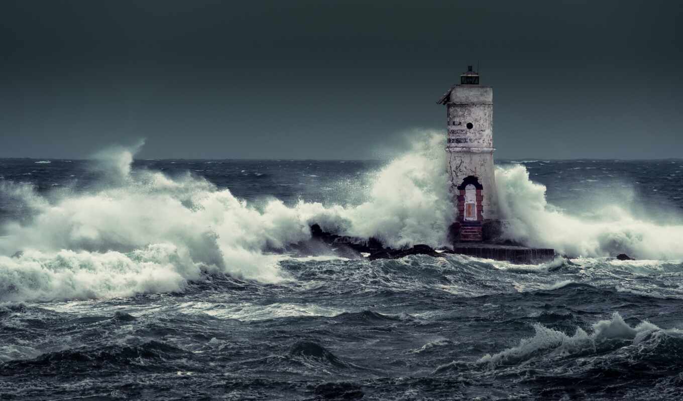 буря, lighthouse, волна