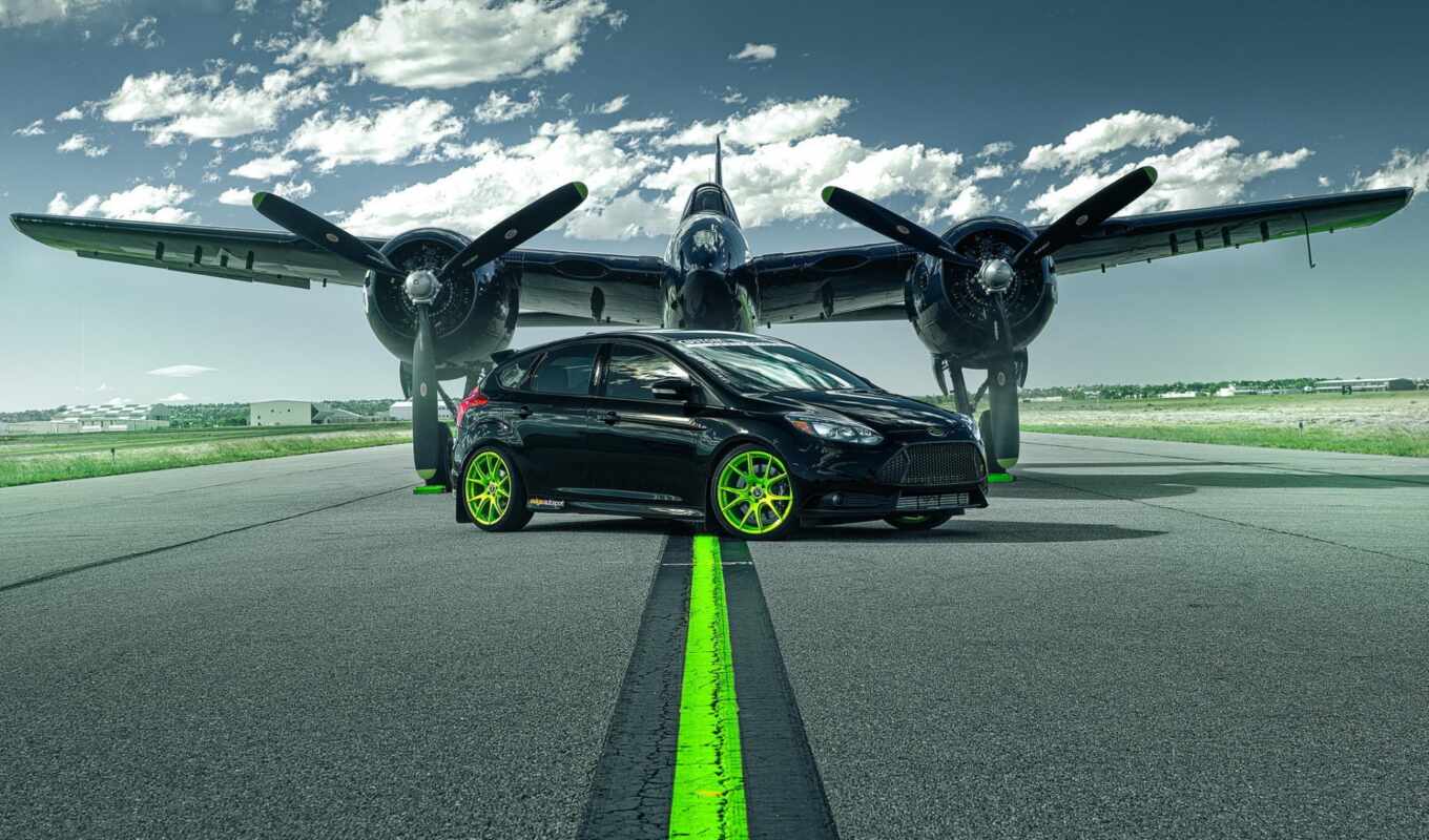 black, green, plane, car, ford, wheels, focus, wheels, plane, runway
