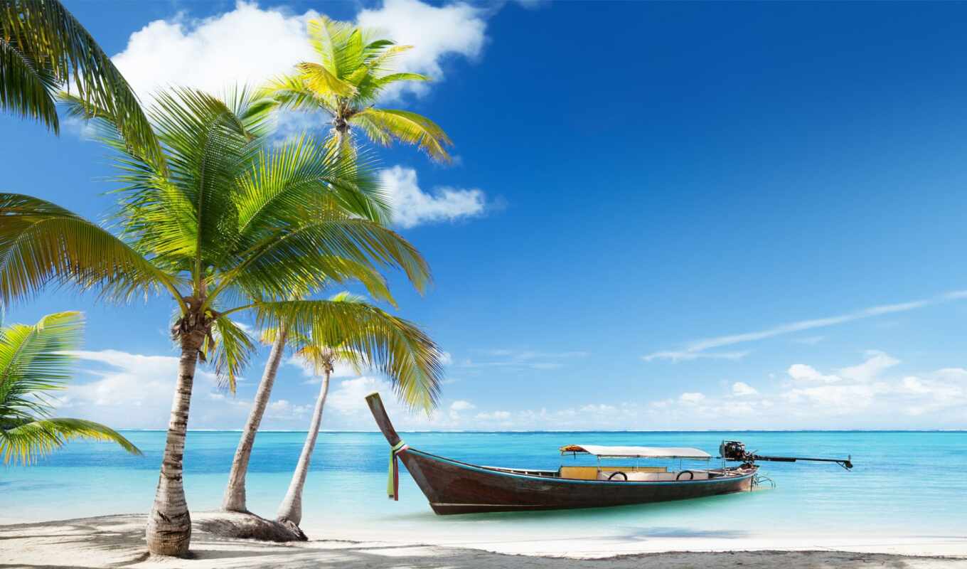 пляж, море, песок, пальмы, лодка, tropics, лодки, баркас
