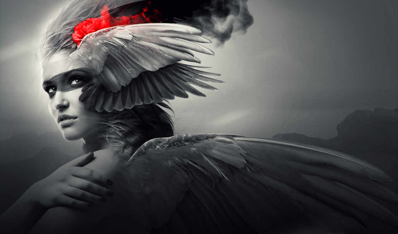 girl, head, red, angel, back, cvety, wings