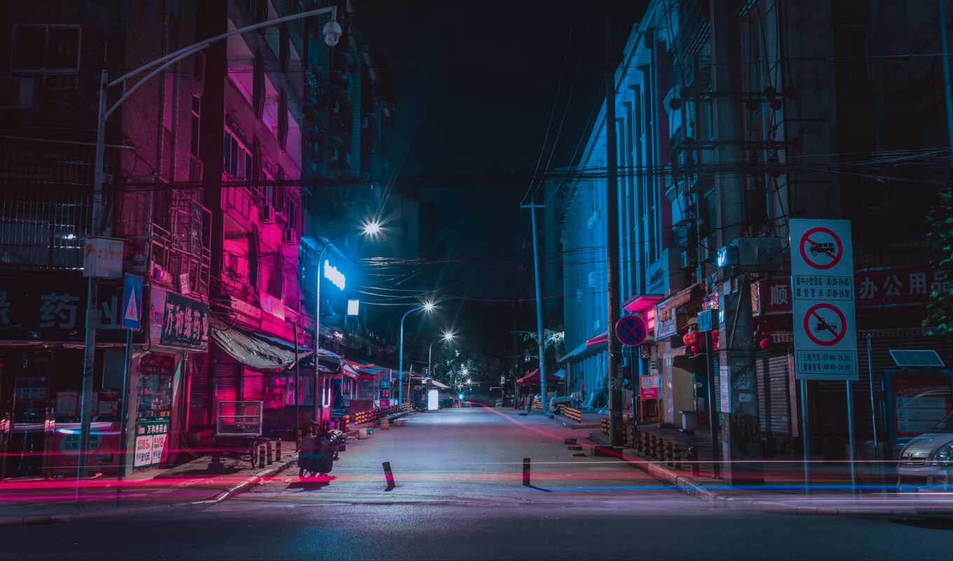 city, night, street, road, neon