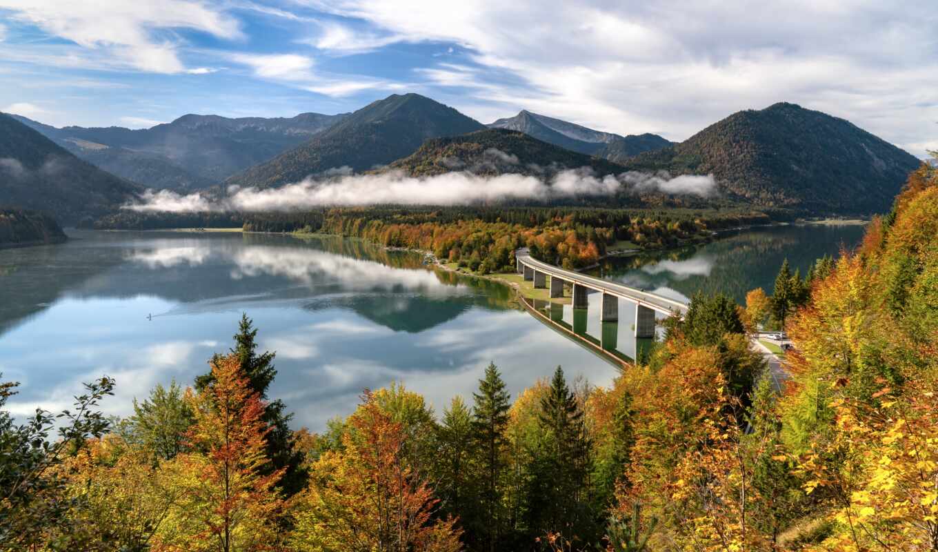 озеро, фото, гора, мост, германия, осень, альпы, бавария, bavarian, sylvenstein
