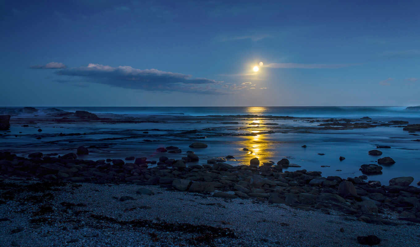 light, moon, water, sea, coast, sand, stones, moonshine