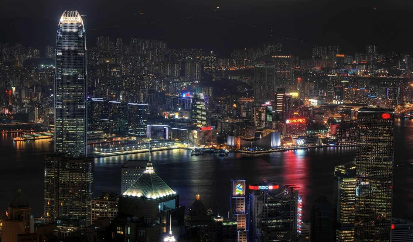город, ночь, cityscape, kong, hong, skyline, victoria, гавань, china