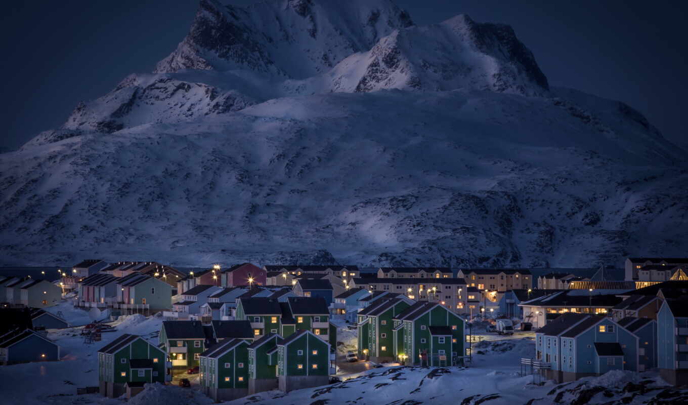 lake, at home, night, snow, winter, cities, lights, greenland, mountains, nuuk