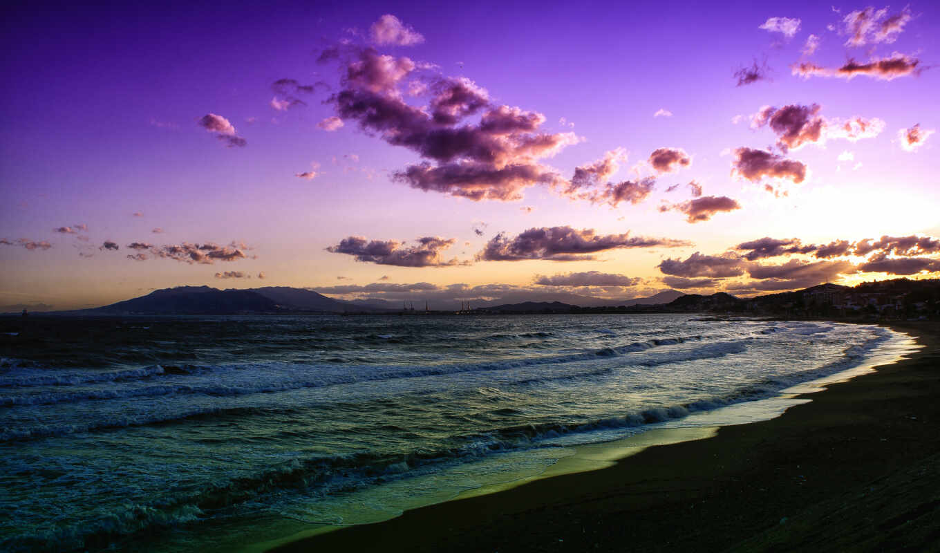 море, пляж, waves, закат, страница, oblaka, природа, сиреневый, desktop, oboi, 