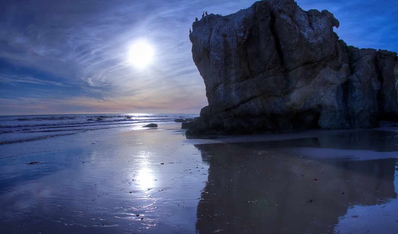 mobile, night, moon, beach, rock, california, sea, cover, earth, horizon, filter