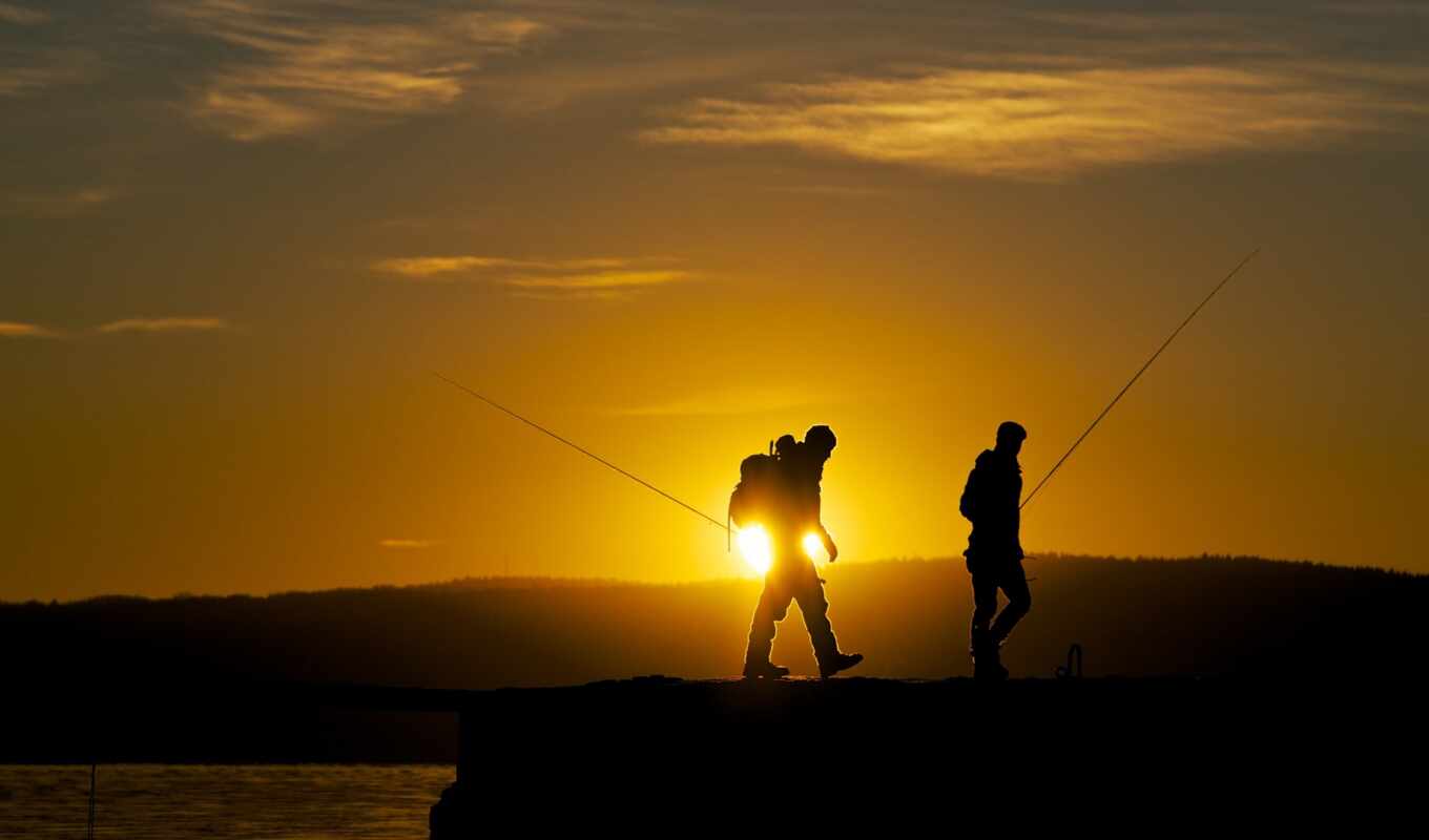 sunset, fish, fishing, angle, fisherman, backpack, backing