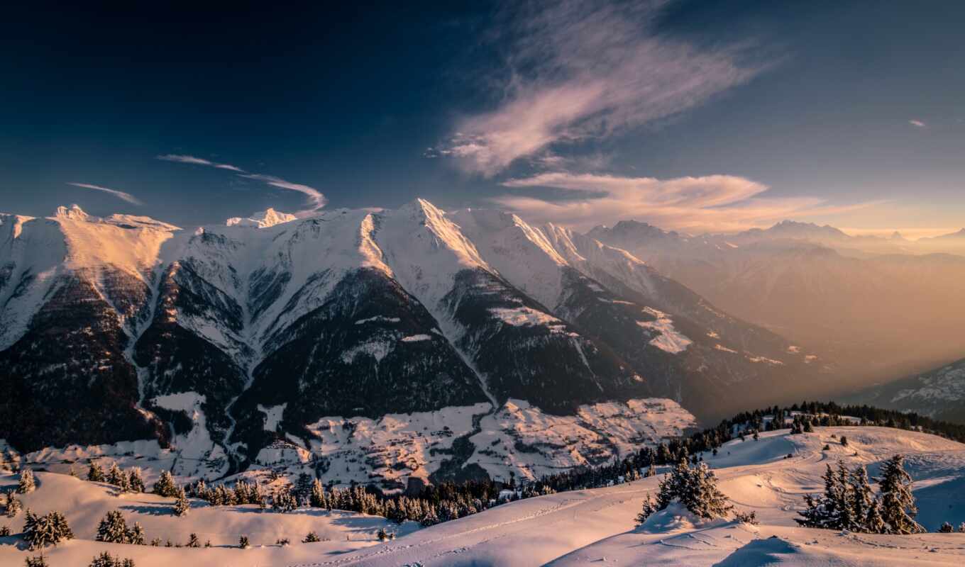 snow, winter, swiss, mountains, Switzerland, the alps, fir, fiesch