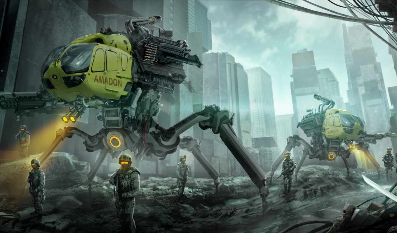 robot, город, fantastic, уничтожение