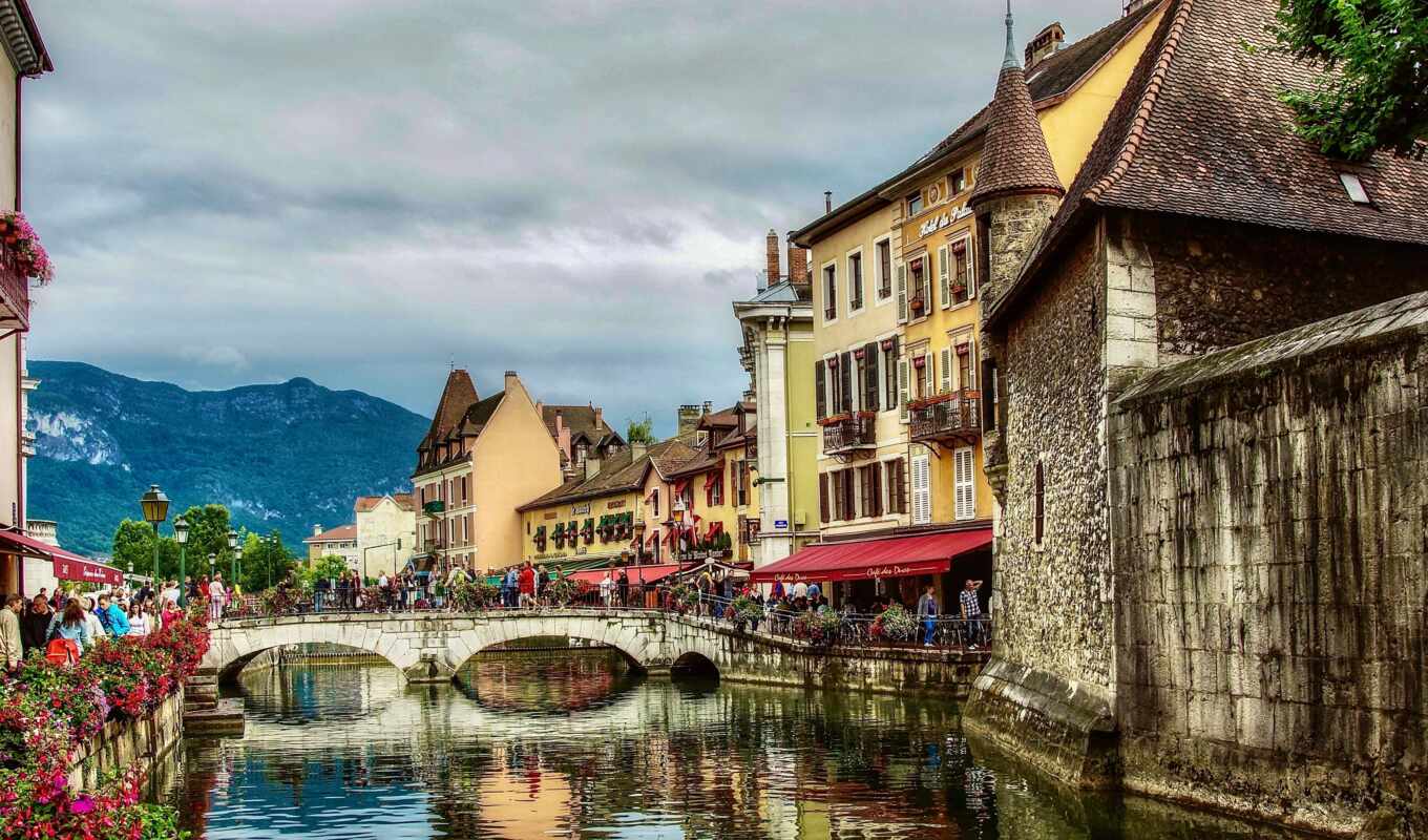 house, city, Bridge, France, canal, river, build, tag, annecy, France