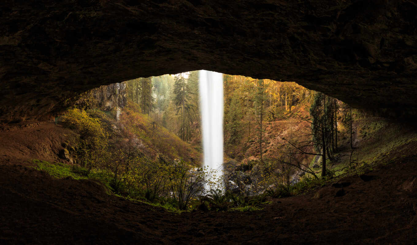 природа, лес, водопад, пещера, водопады