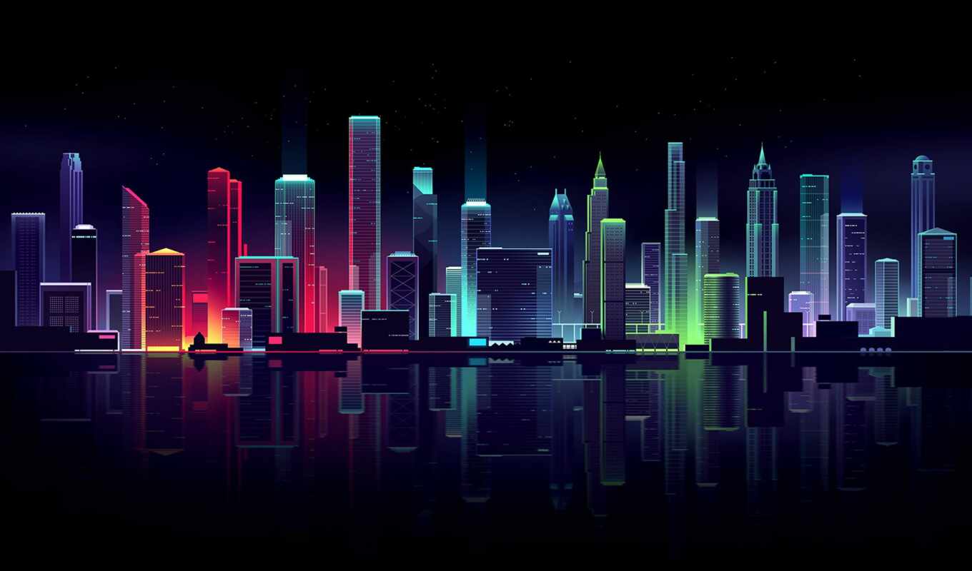art, digital, город, ночь, cityscape, огни, skyline, illustration, neon, romain, trystram