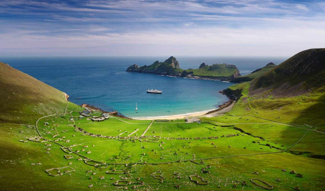 nature, ship, field, sea, hill, Scotland, bay, cliff, kilda