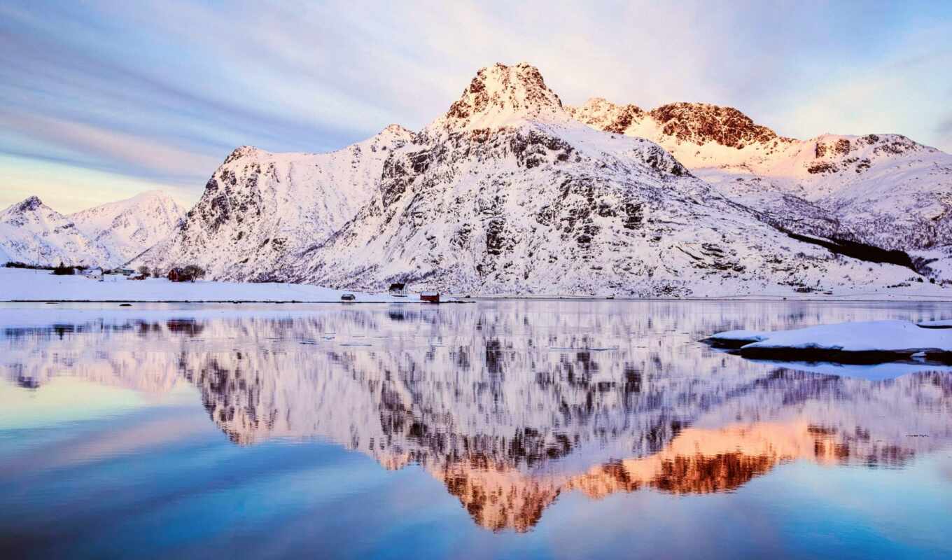 sky, snow, winter, reflections, reflection, fjord, norwegian, mountains, flakstadøya