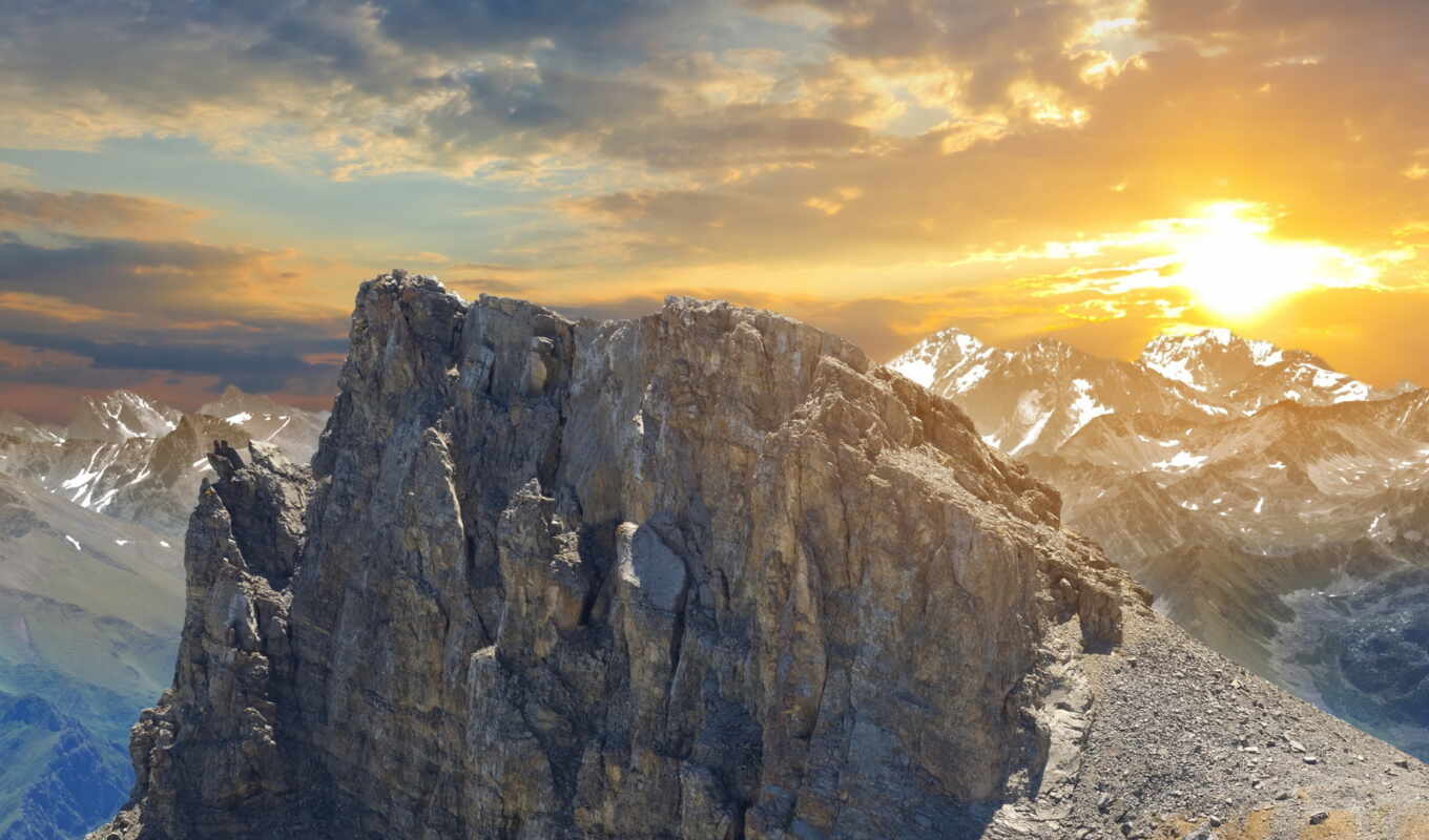 sky, sun, snow, forest, cloud, mountains