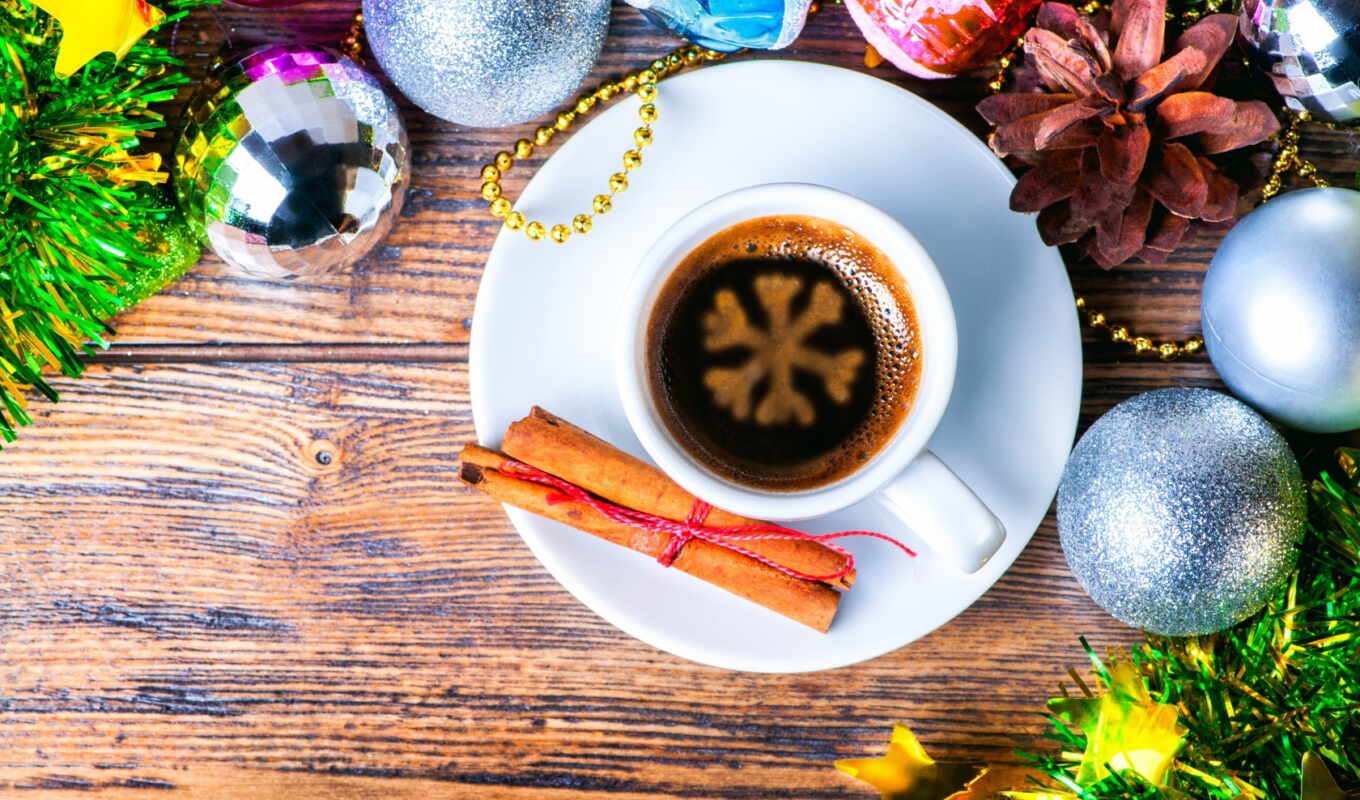 coffee, new, year, christmas, cup, snowflake, shariki, cinnamon, balls, decoration