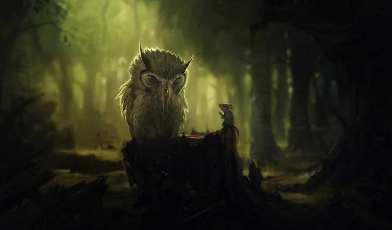 forest, owl, trees, mouse, darkness, conversation, backgrounds, stump