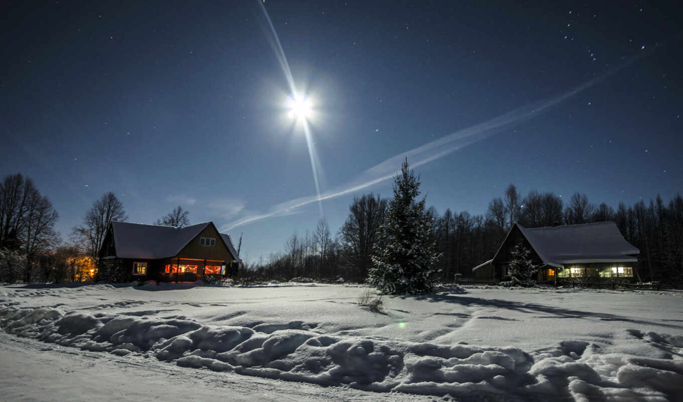 night, snow, winter, Russia, gallery, village, fir, rare
