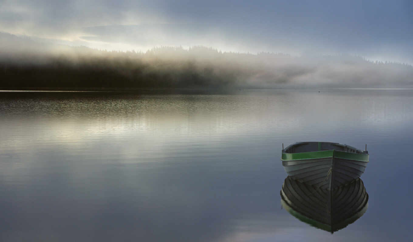 lake, morning, fog, a boat, misty