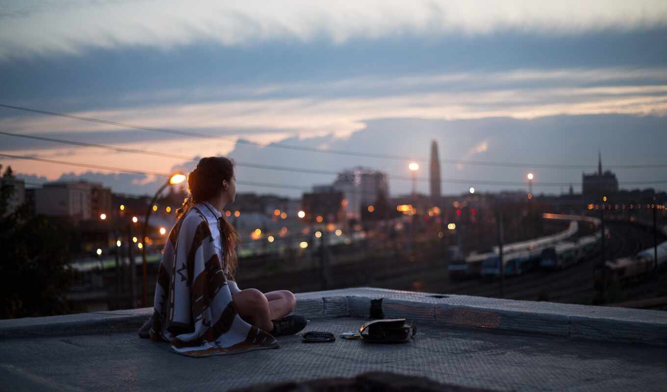 collection, girl, city, night, guy, evening, see, card, roof, sit, photography