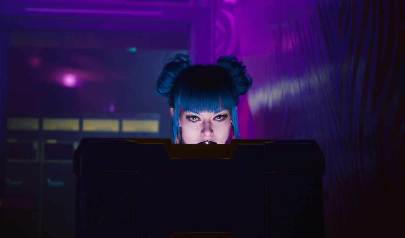 blue, девушка, game, женщина, purple, волосы, gallery, смотреть, cyberpunk, киборг, rare