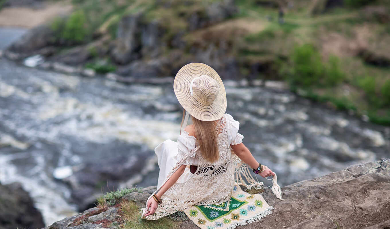 hat, girl, tapety, river