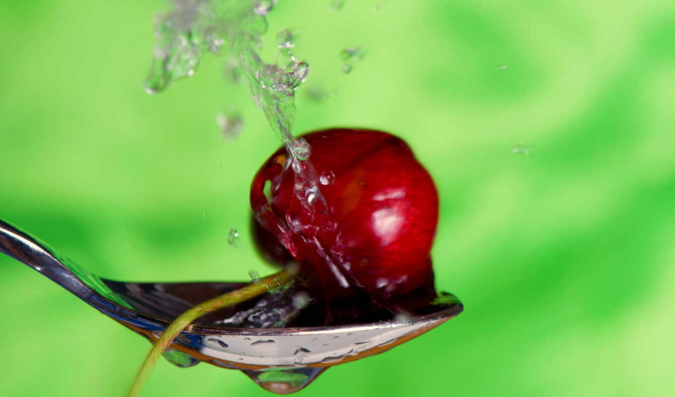 picture, macro, water, has, cherry, horizontal, verticals, spoon