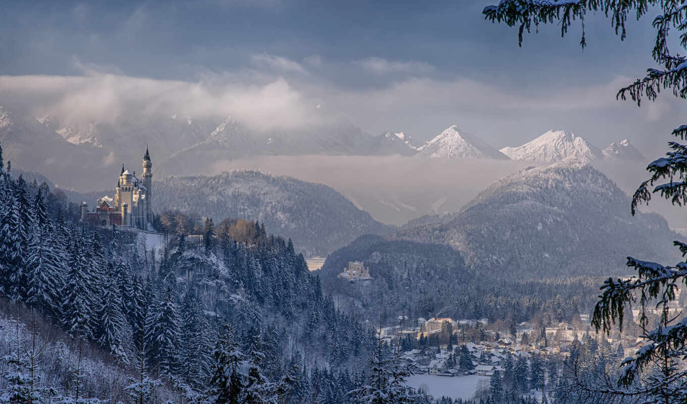 city, winter, forest, mountain, castle, neuschwanstein, bavaria, neuschwanstein, the Germans