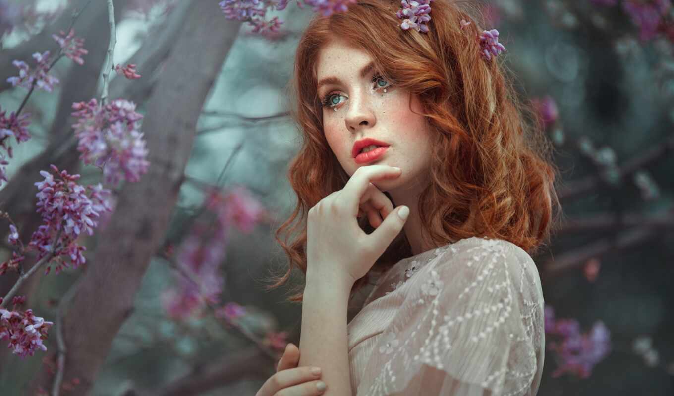 flowers, girl, face, photographer, portrait, see, spring, loose, Evgeniy