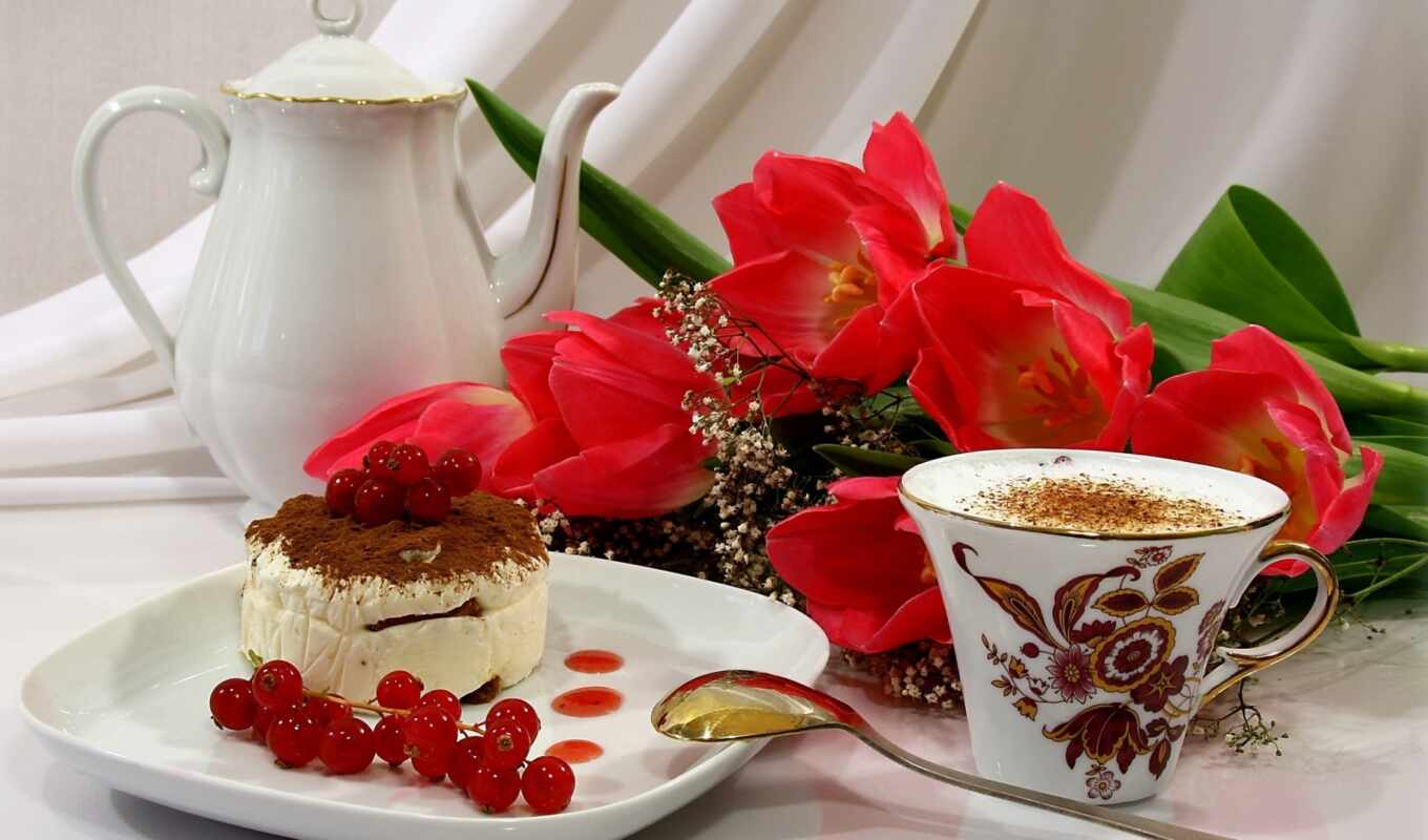 flowers, coffee, red, red, cake, tulip, berry