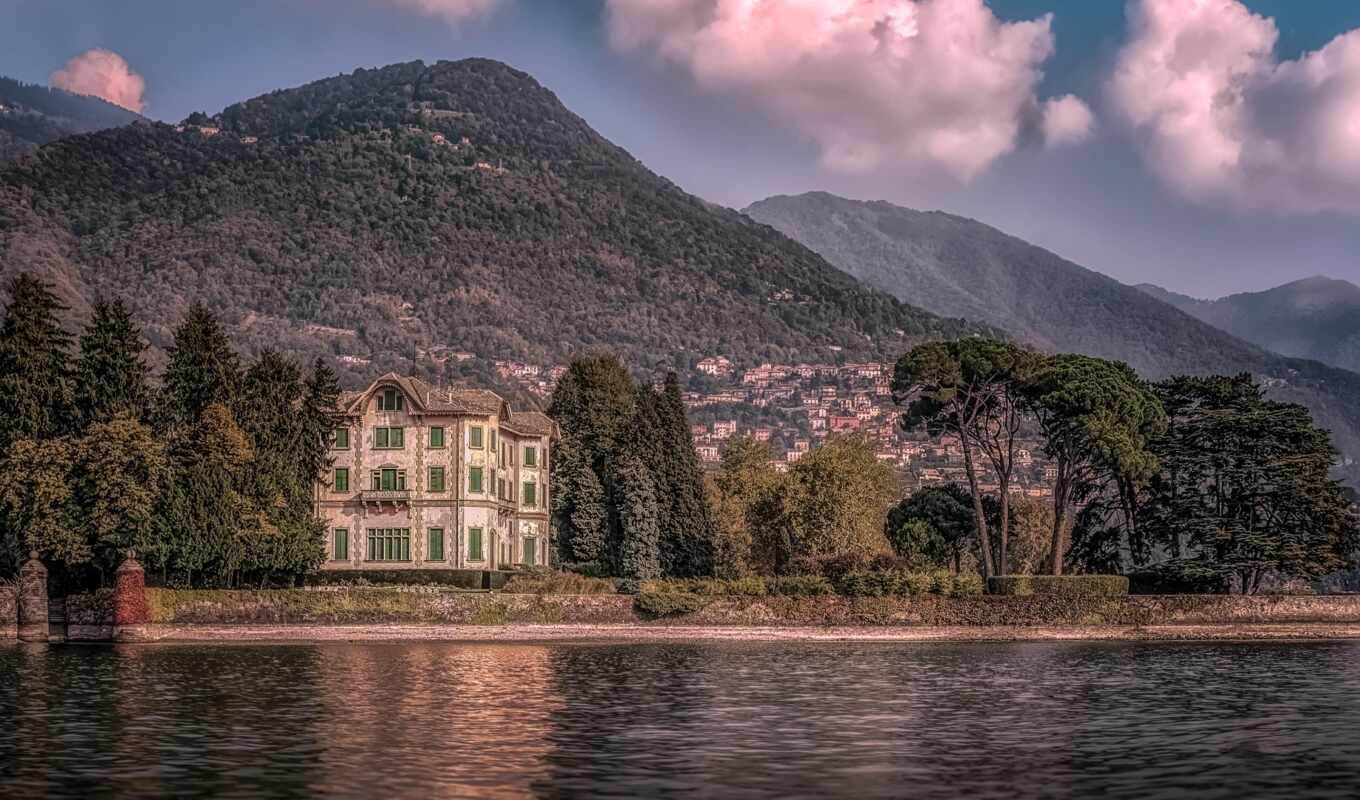 lake, house, tree, mountain, villa, italy, as, rare