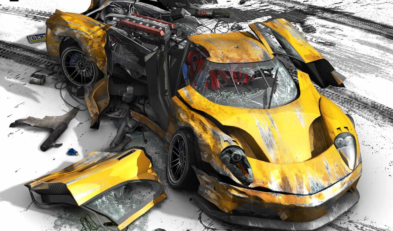 auto, burnout, yellow, accident, disaster, broken