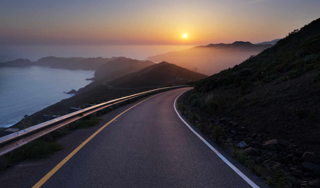 nature, sunset, sunrise, road, ocean, morning, coast, highway, fog, mountains