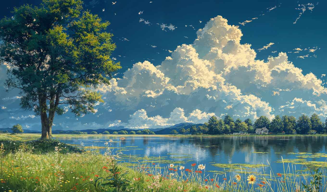 озеро, дерево, живопись, flowers, foreground