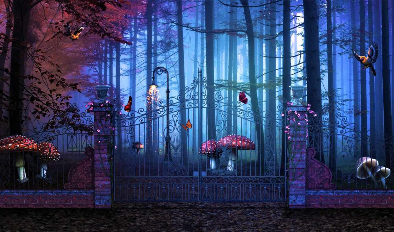 nature, category, fantastic, winter, forest, gate, trees, fairy tale, fence, fabulous, mushrooms