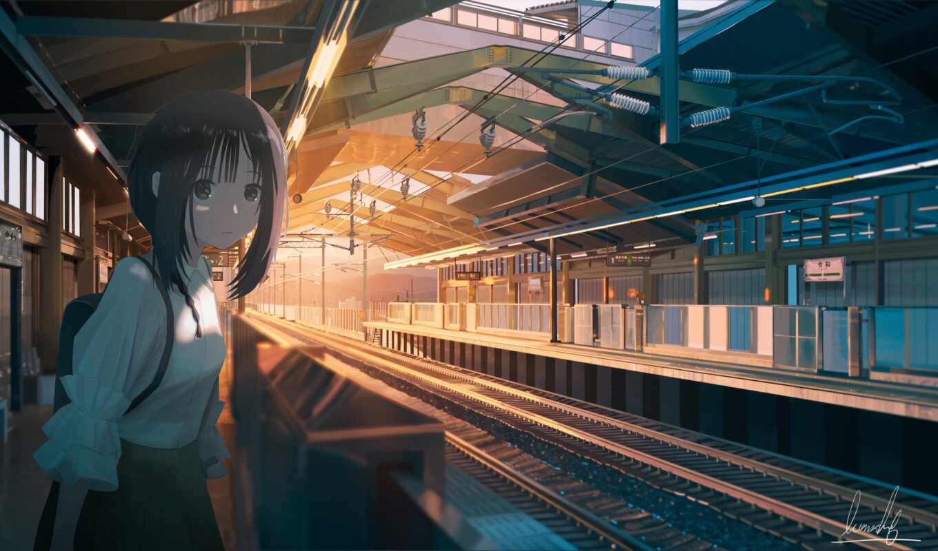 sun, anime, sunset, station, a train, interior, sign, iron, ray, empty
